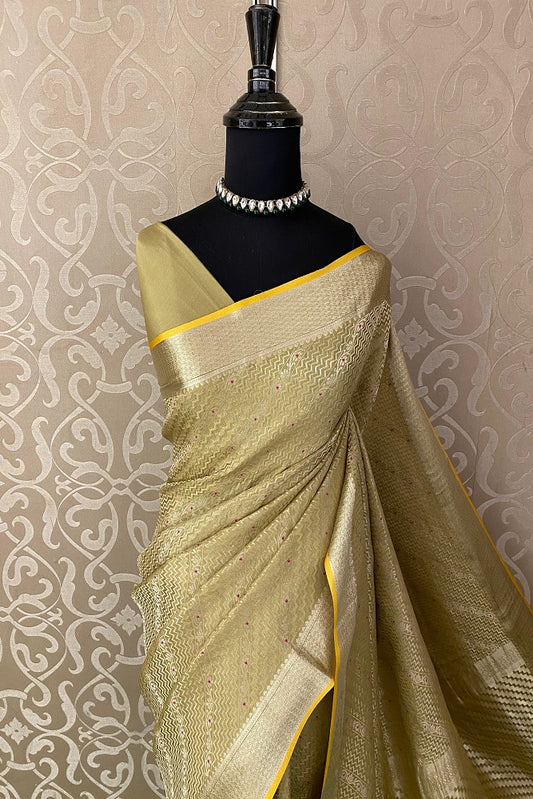 Pista Yellow Mysore Crepe Silk Banarasi Saree, With Unstiched Blouse