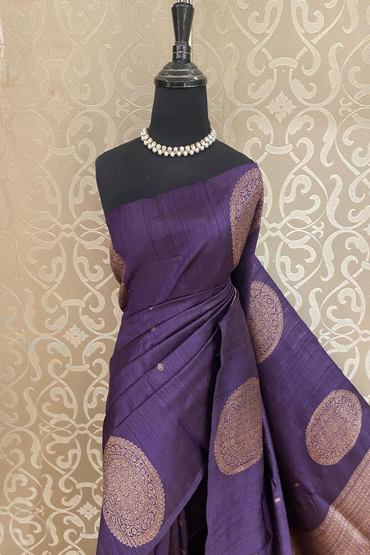 Violet Pure Raw Tussar Banarasi Silk Saree, Hand Woven Motifs With Unstiched Blouse