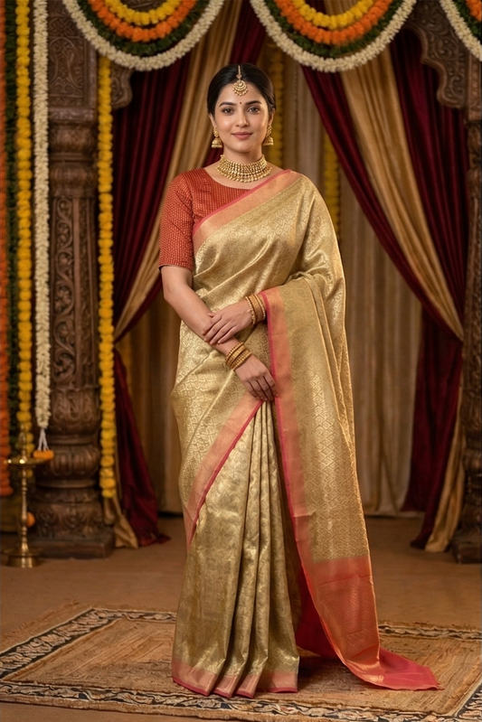 Beige brocade Chanderi silk saree with intricate pattern and matching unstiched blouse, traditional Indian wear by Saarang Sarees.