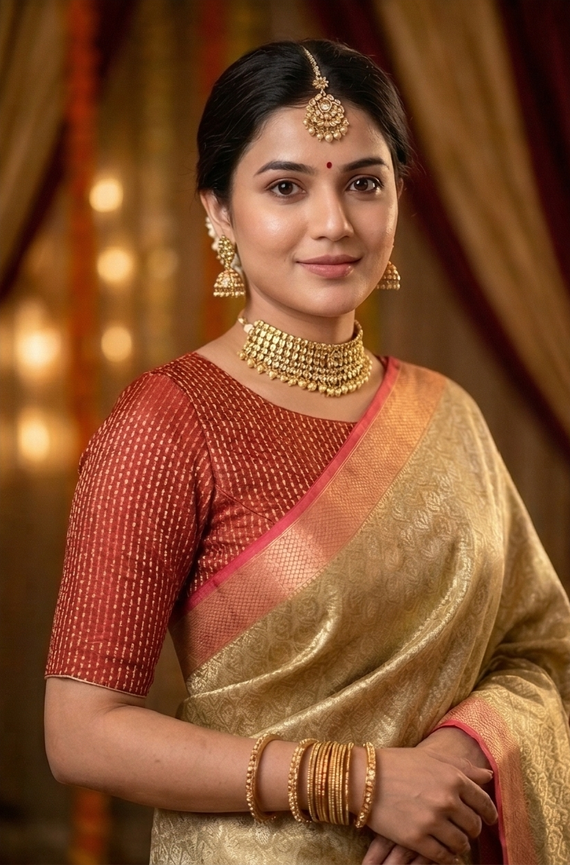 Beige brocade Chanderi silk saree with matching unstiched blouse, traditional wear by Saarang Sarees, displayed with intricate fabric details.