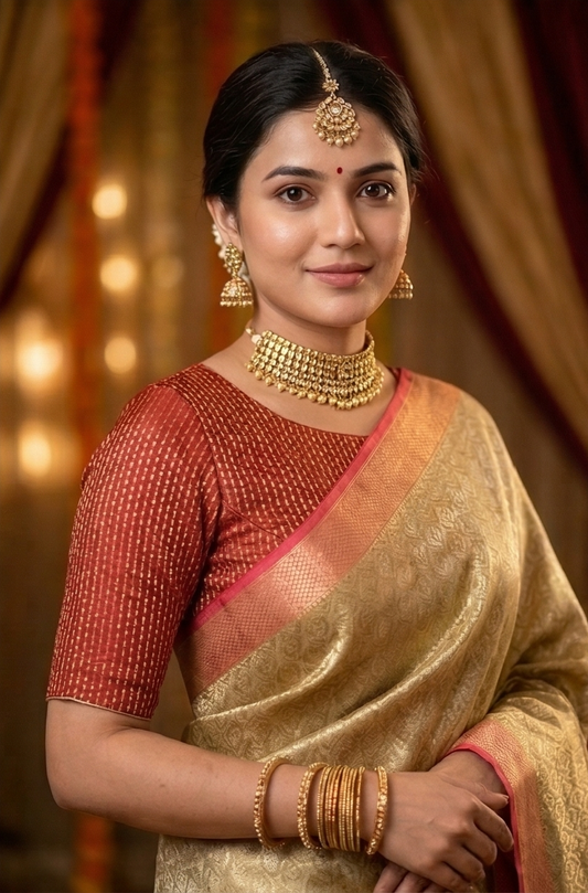 Beige brocade Chanderi silk saree with matching unstiched blouse, traditional wear by Saarang Sarees, displayed with intricate fabric details.