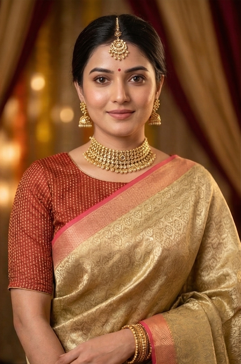 Beige brocade Chanderi silk saree with intricate patterns and unstiched blouse, traditional Indian wear from Saarang Sarees.