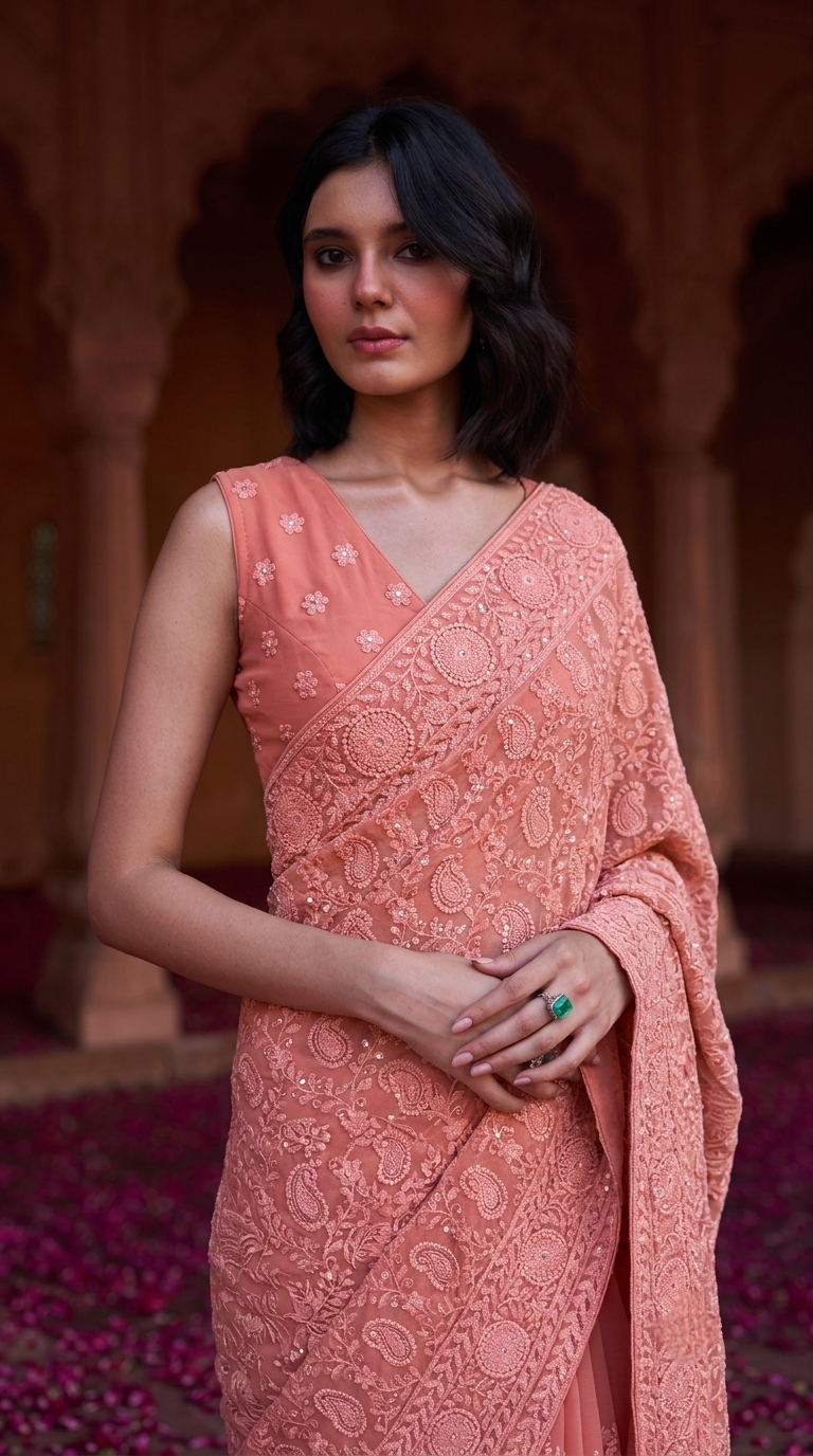 Pink Georgette Chikankari Embroidery Saree, With Unstitched Blouse