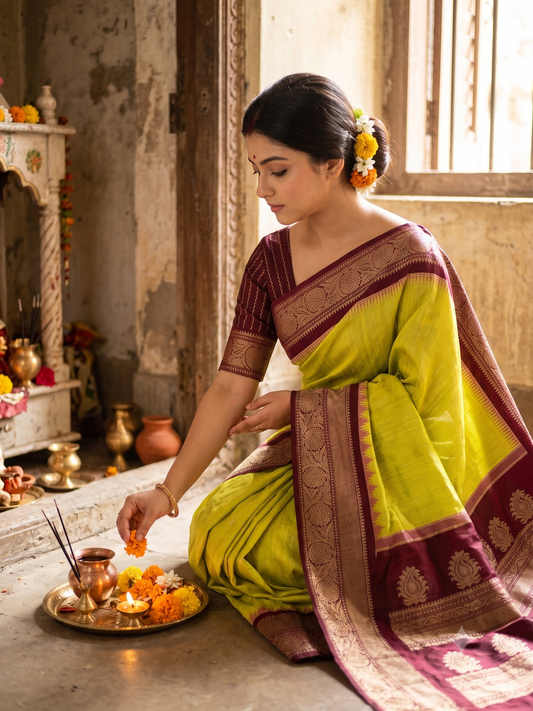 Lime Green Gadwal Silk Sarees With Unstiched Blouse
