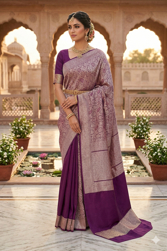 Deep purple brocade crepe Khaddi silk saree with intricate designs, paired with unstitched blouse for party wear by Saarang Sarees.