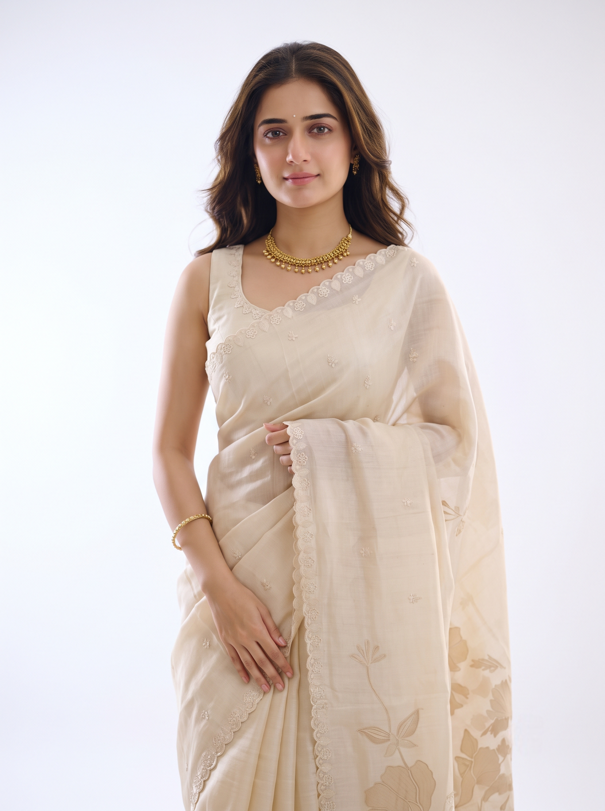 Off-White Tussar Applique Work Saree, With Unstiched Blouse