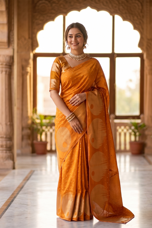 Orange Munga Banarasi Silk Mirror Work Saree, With Unstiched Blouse