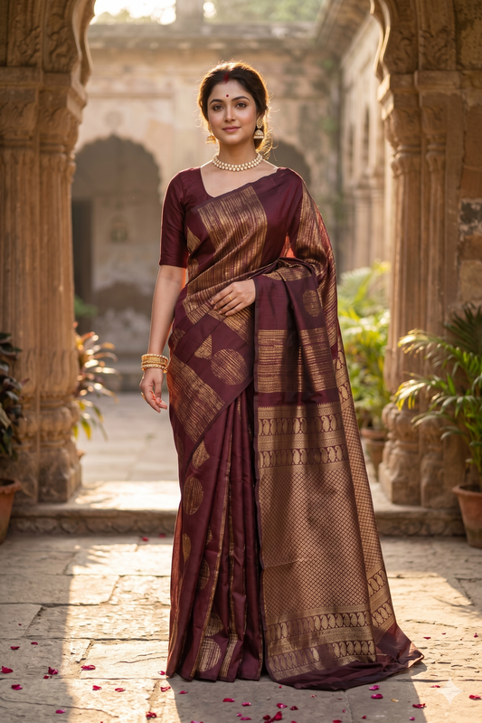 Chocolate Brown Pure Kanjeevaram Silk Saree, With Unstiched Blouse
