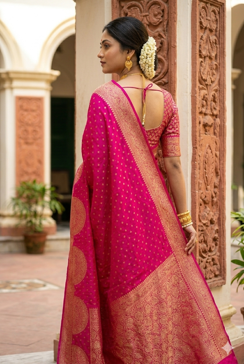 Rani Crepe Khaddi Banarasi silk saree by Saarang Sarees with intricate gold zari work and matching unstiched blouse.