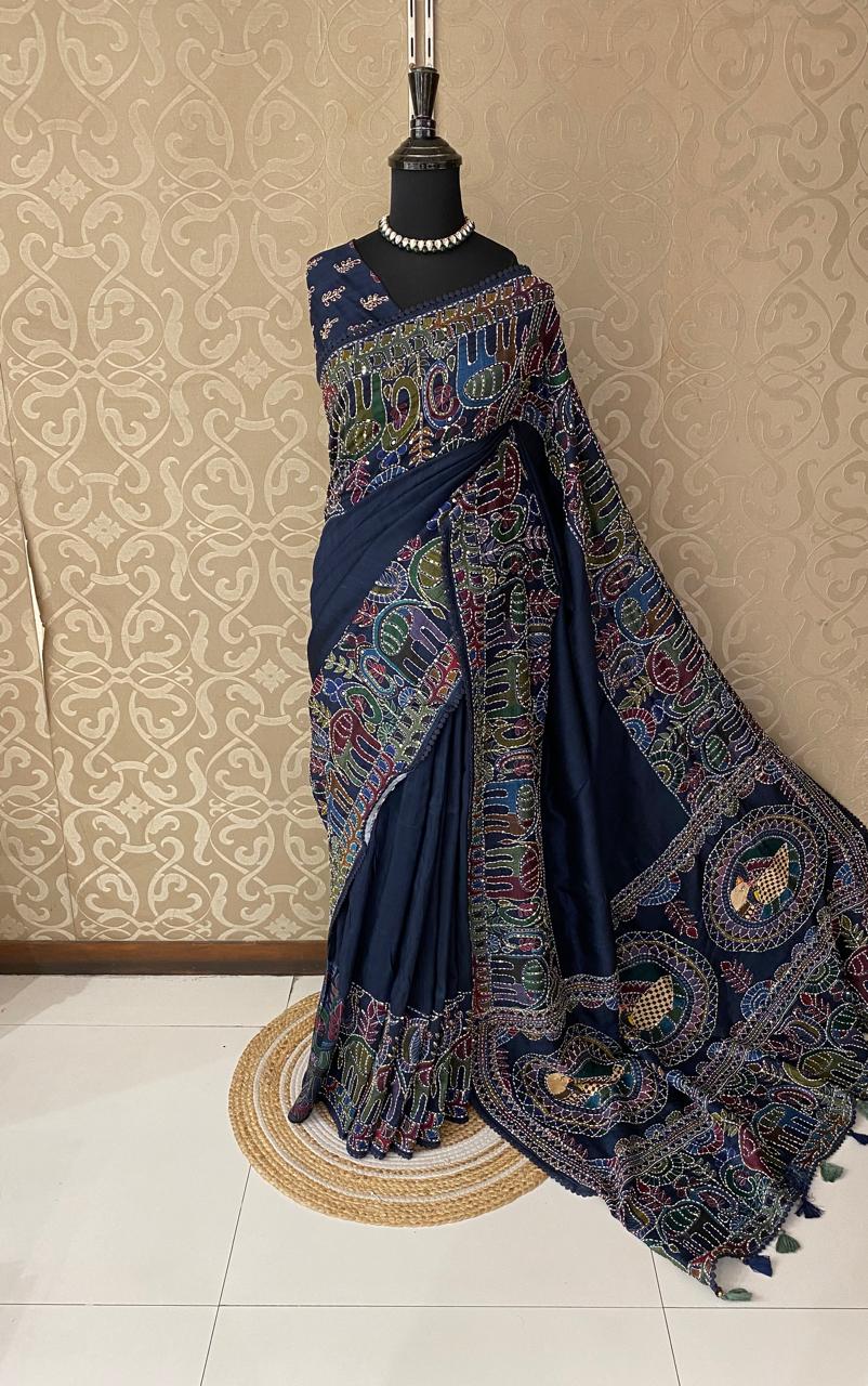 Navy Blue Munga Silk Saree With Hand Embroidery Work, With Unstiched Blouse