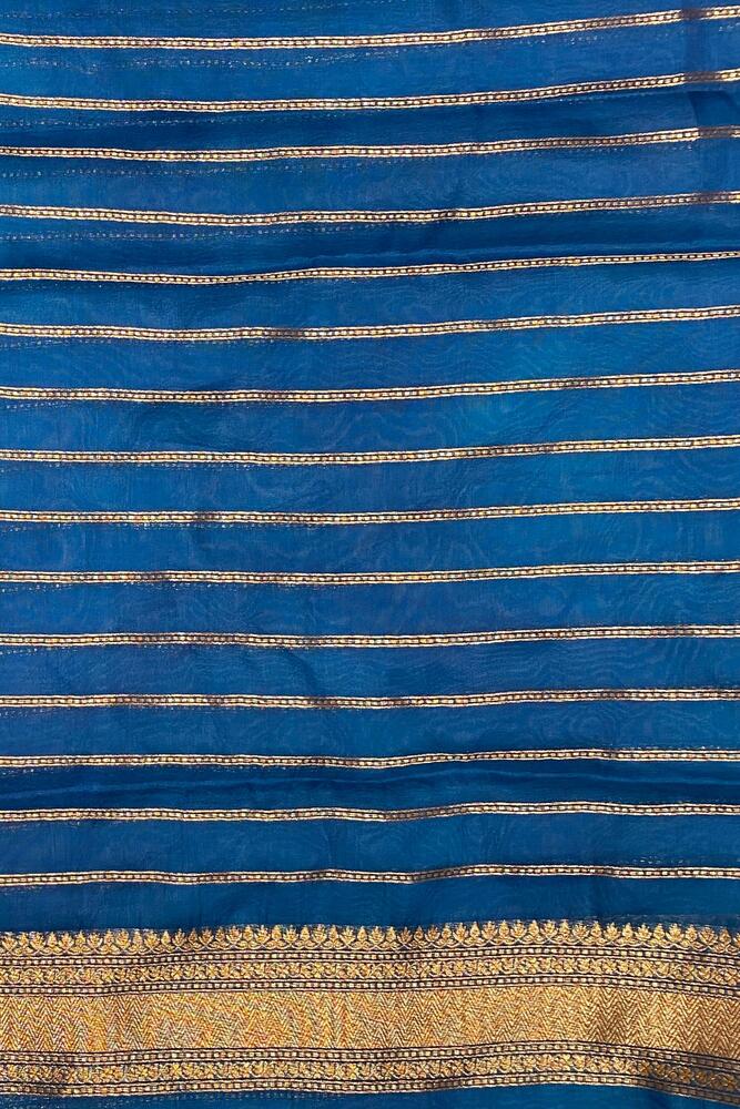 Indigo Blue Brocade Kora Banarasi Silk Saree, With Unstiched Blouse