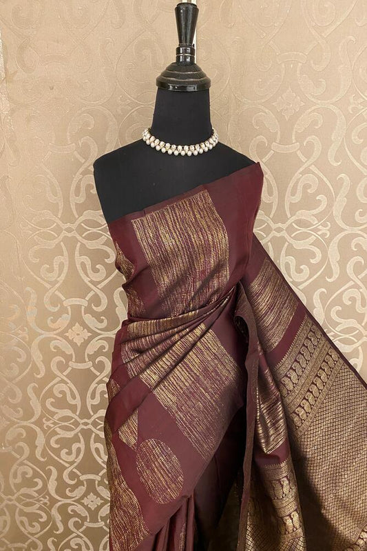 Chocolate Brown Pure Kanjeevaram Silk Saree, With Unstiched Blouse