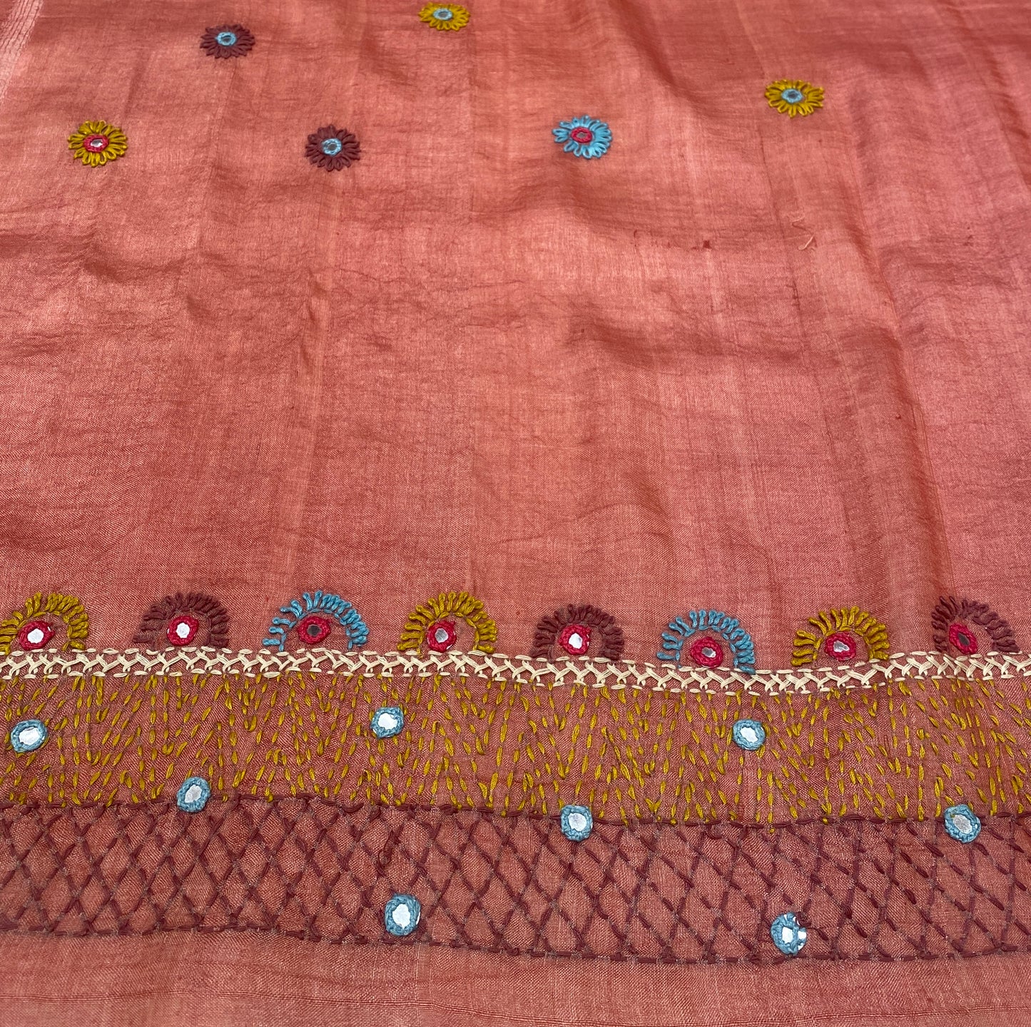 Peach Tussar Embroidery Saree With Lambani Work Border, With Unstitched Blouse
