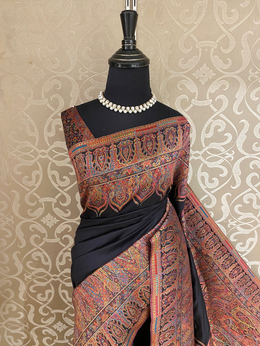 Black Pure Kani Handloom Silk Saree With Unstiched Jamewar Woven Blouse