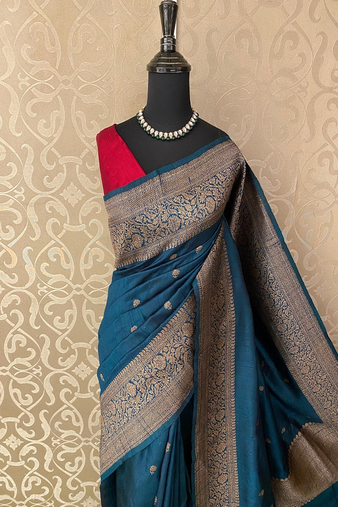 Royal Blue Pure Raw Tussar Banarasi Silk Saree, Hand Woven Motifs With Unstiched Blouse