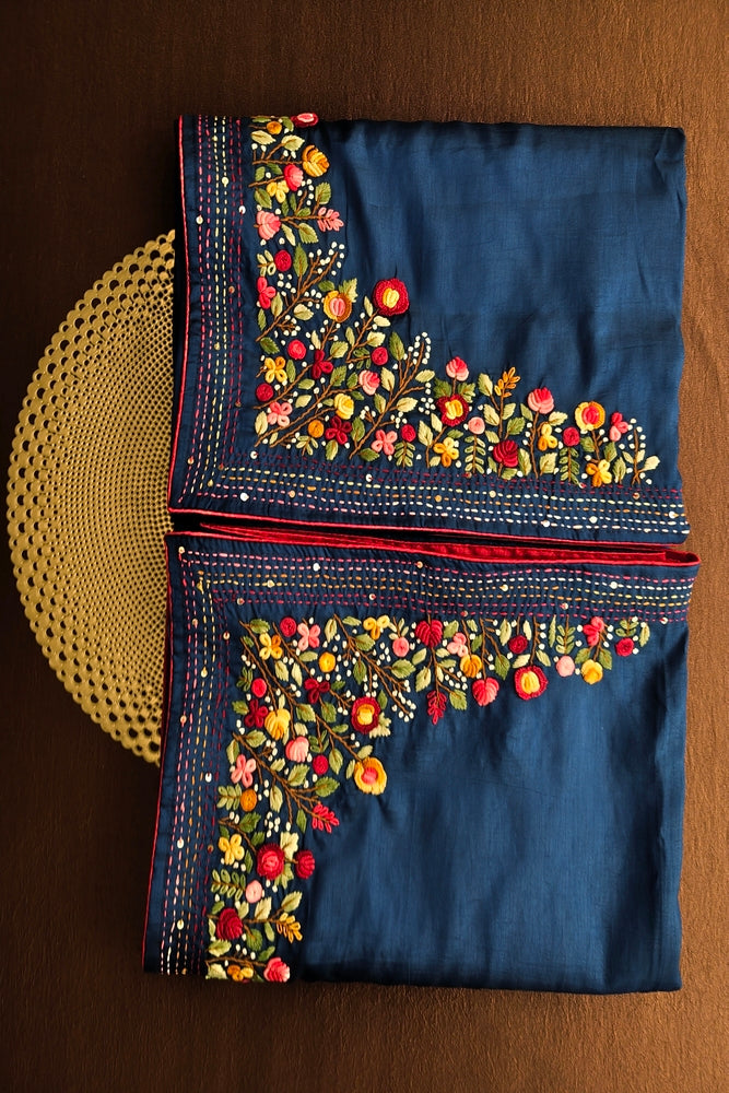 Deep Blue Semi Munga Silk French Knot Hand Embroidery Work Saree, With Unstiched Blouse