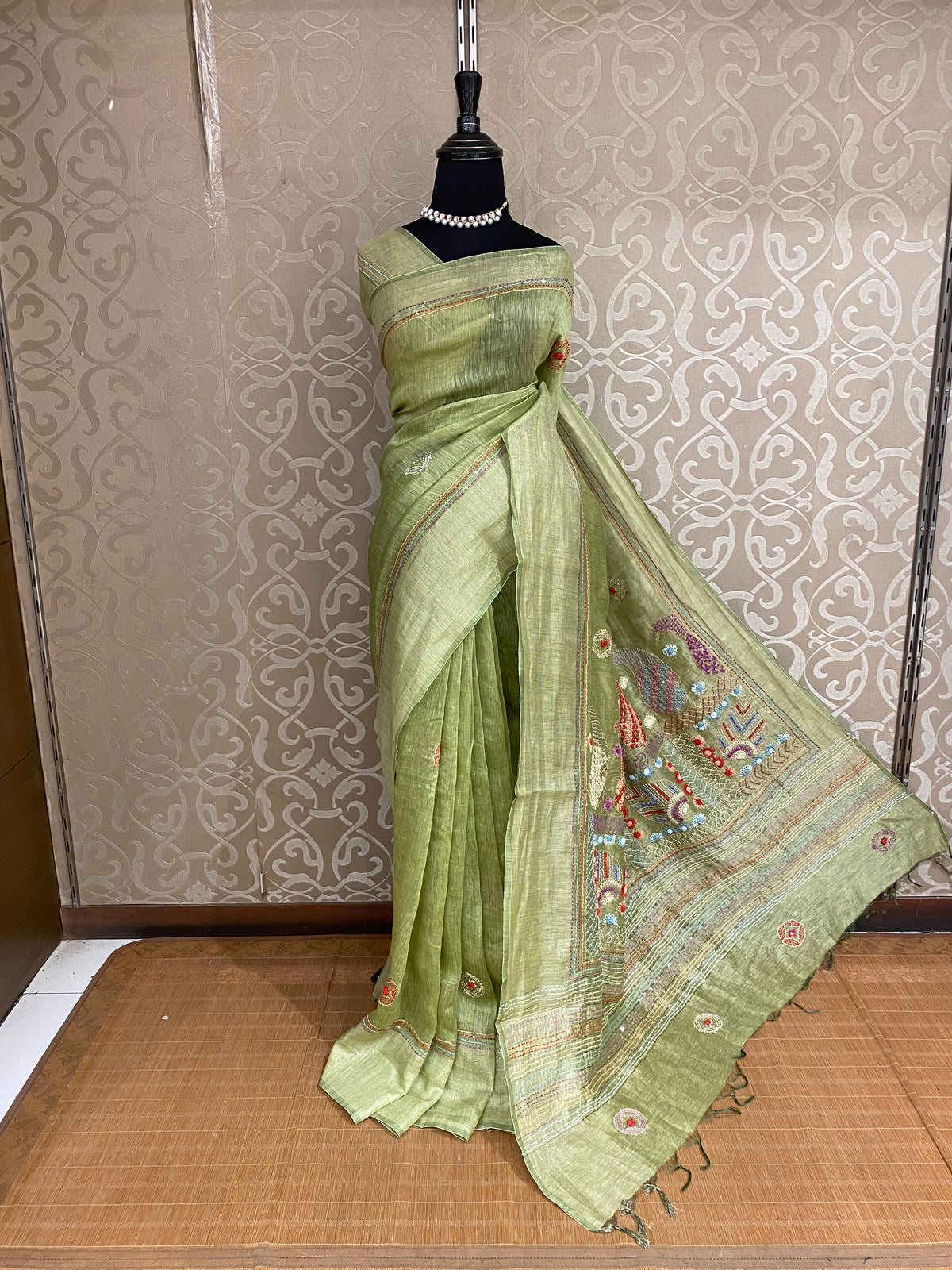 Light Green Linen Silk Saree Hand Embroidered Work, With Unstiched Blouse