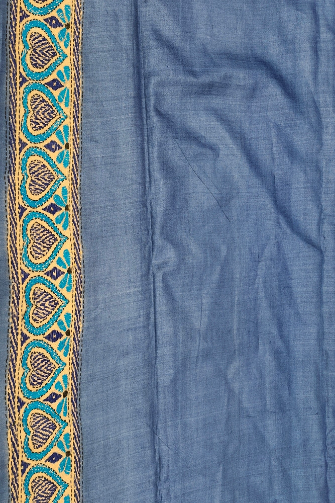 Teal Blue Tussar Embroidery Saree With Kantha Work Border, With Unstitched Blouse