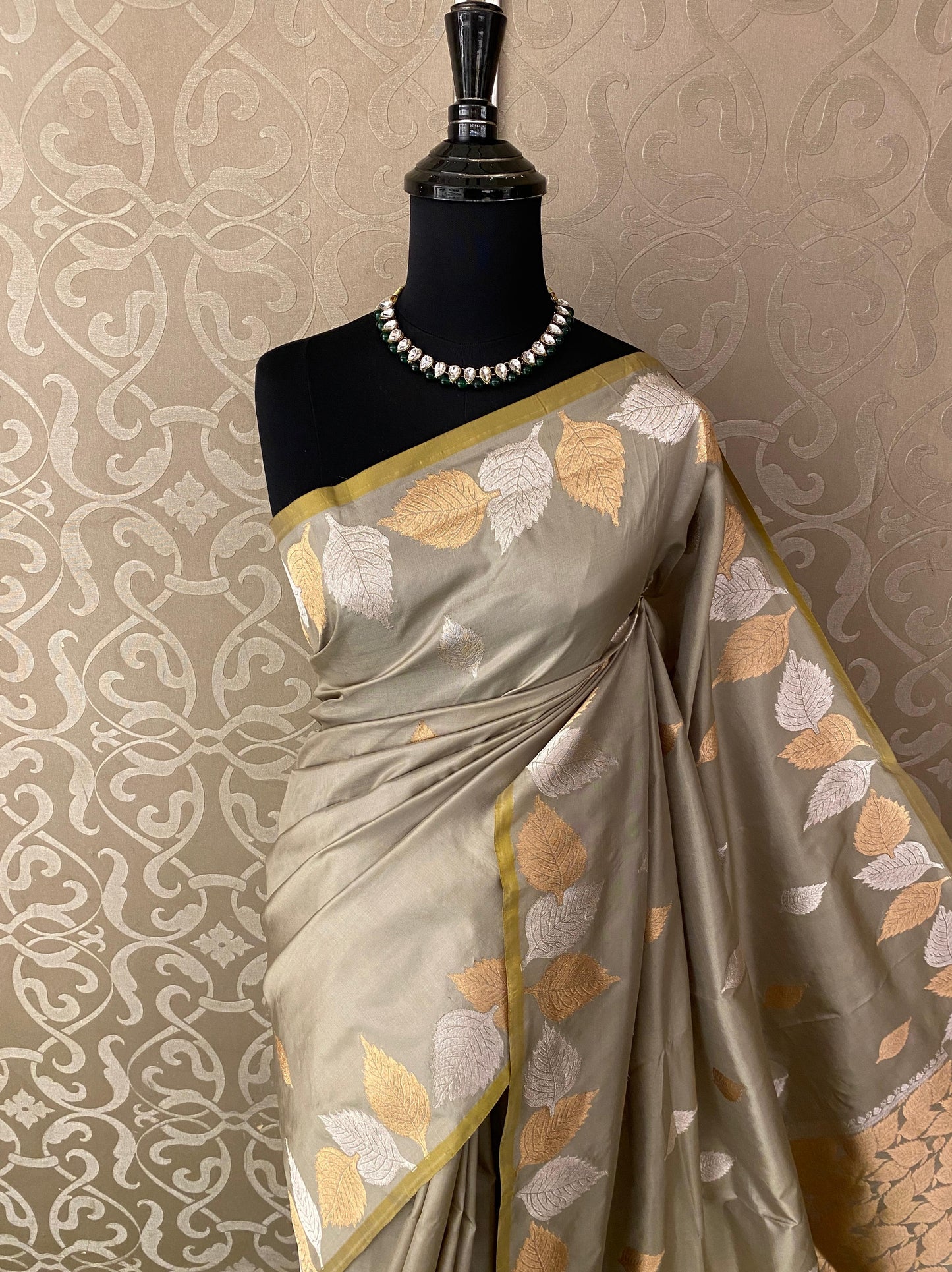 Grey Katan Banarasi Saree Hand Woven Work, With Unstiched Blouse