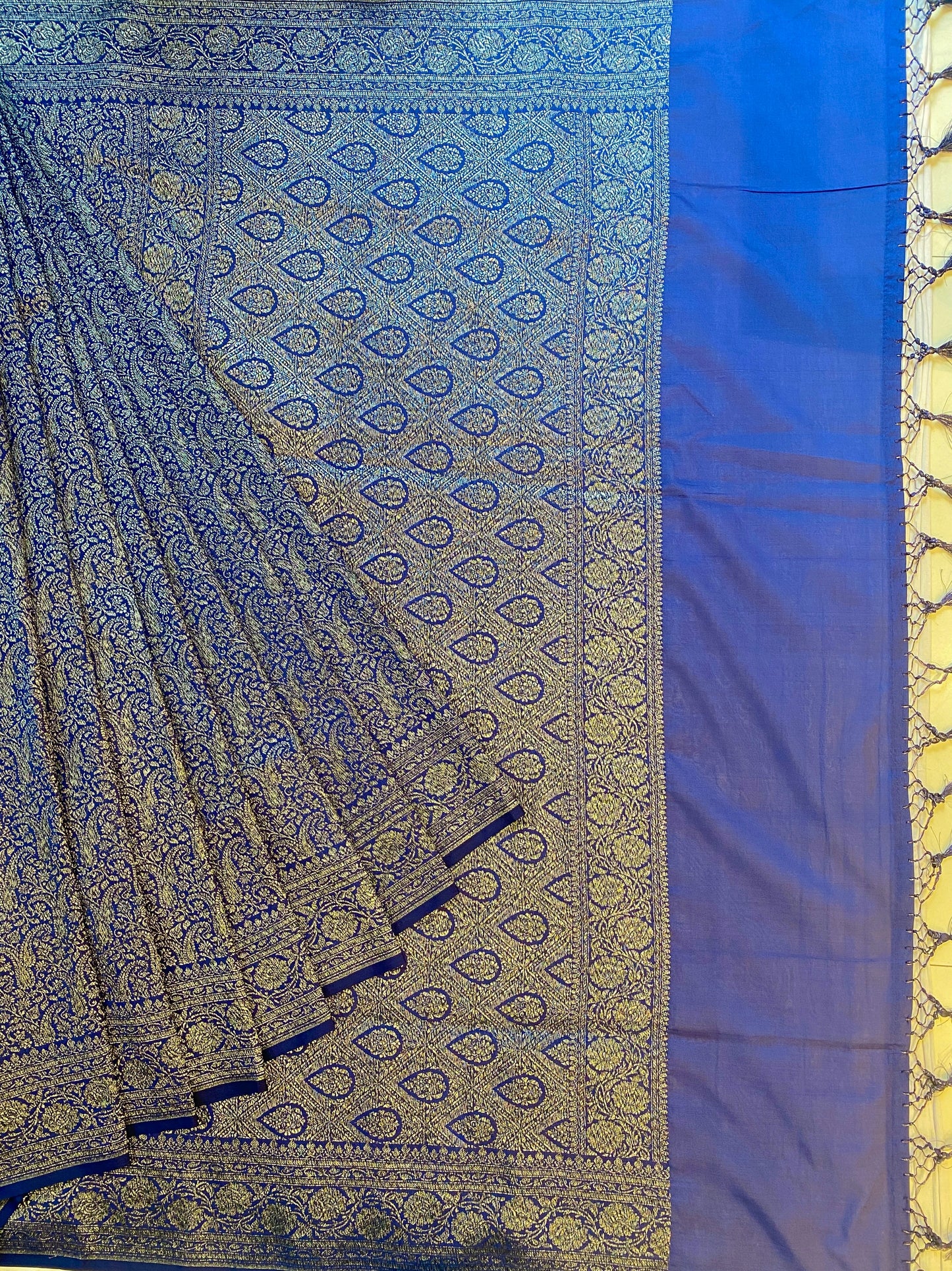 Deep Blue Semi Katan Brocade Silk Saree, With Unstiched Blouse