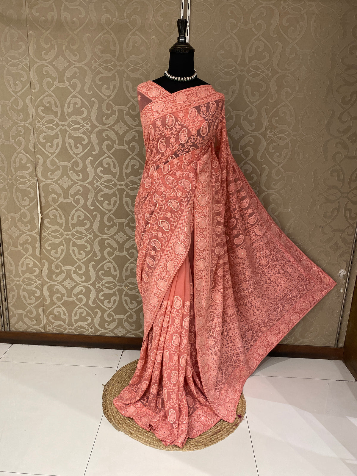 Pink Georgette Chikankari Embroidery Saree, With Unstitched Blouse
