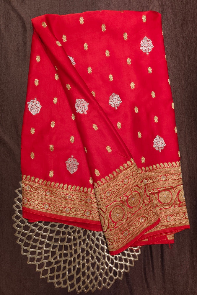 Red Semi Mashru Silk Sarees With Unstiched Blouse