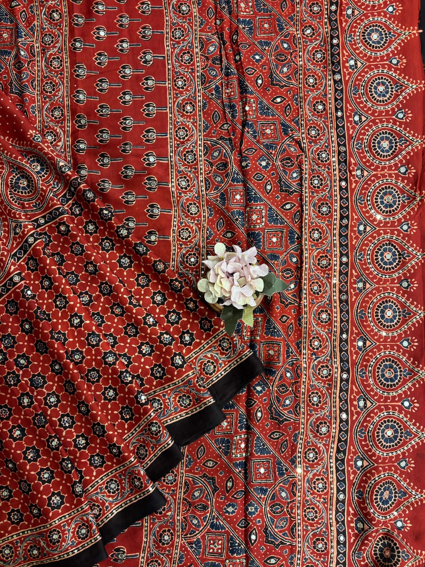 Maroon Pure Modal Silk Ajrakh Printed Saree With Unstiched Blouse