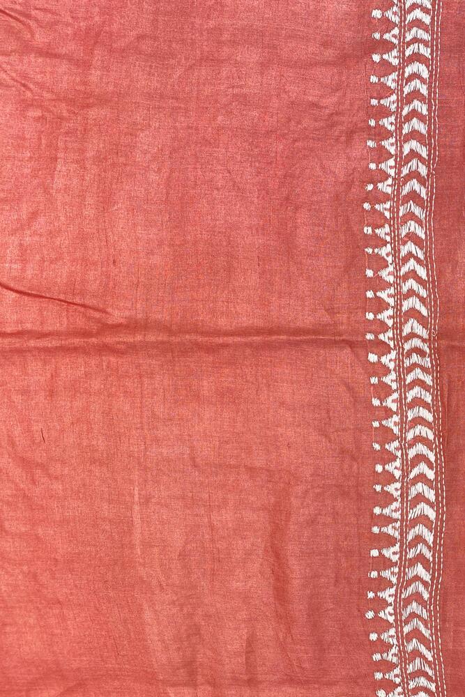 Light Peach Tussar Embroidery Saree With Kantha Work Border, With Unstitched Blouse