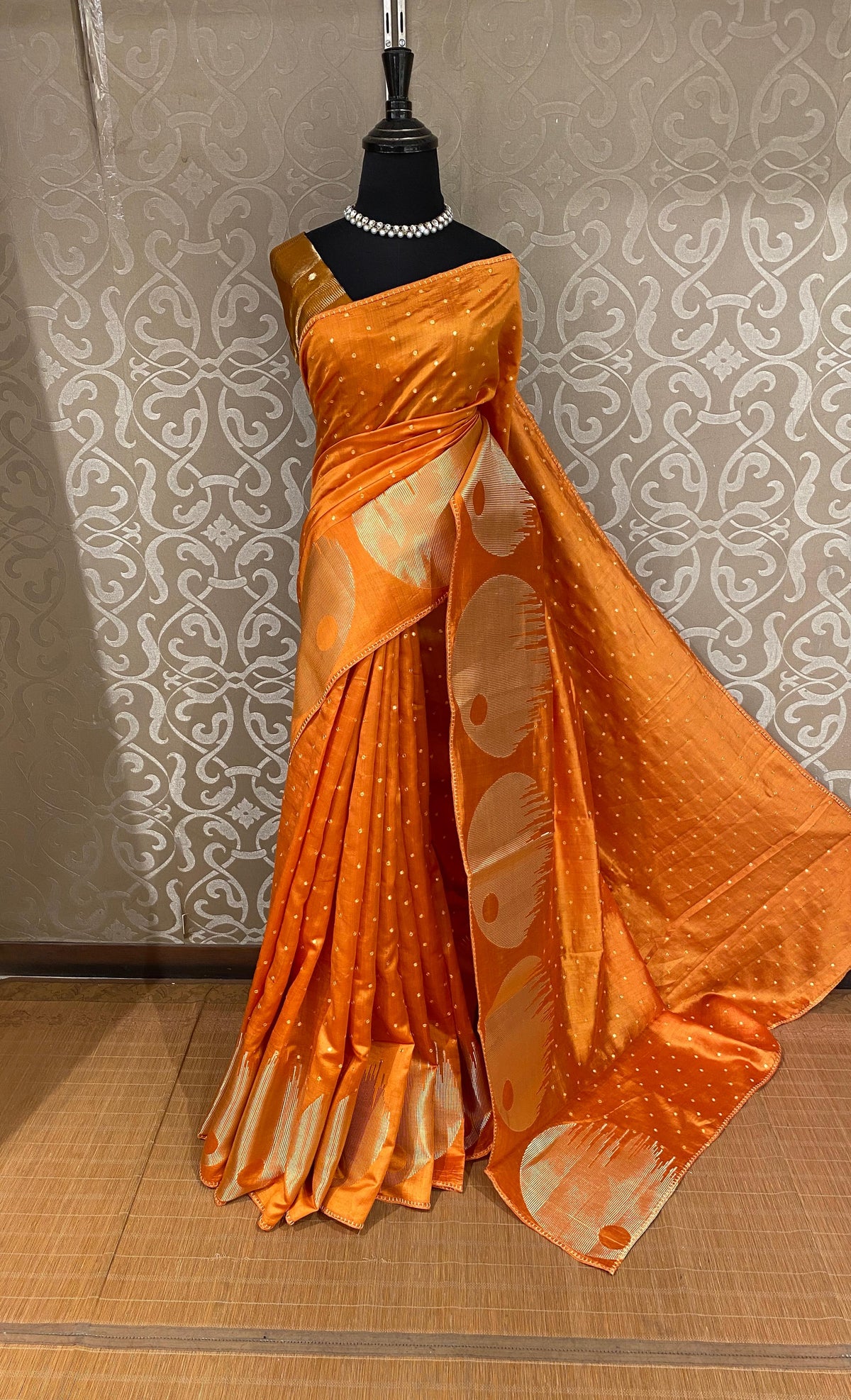 Orange Munga Banarasi Silk Mirror Work Saree, With Unstiched Blouse
