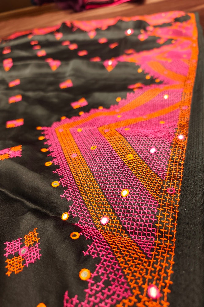 Black Semi Munga Silk Cross Stitch Work Saree, With Unstiched Blouse