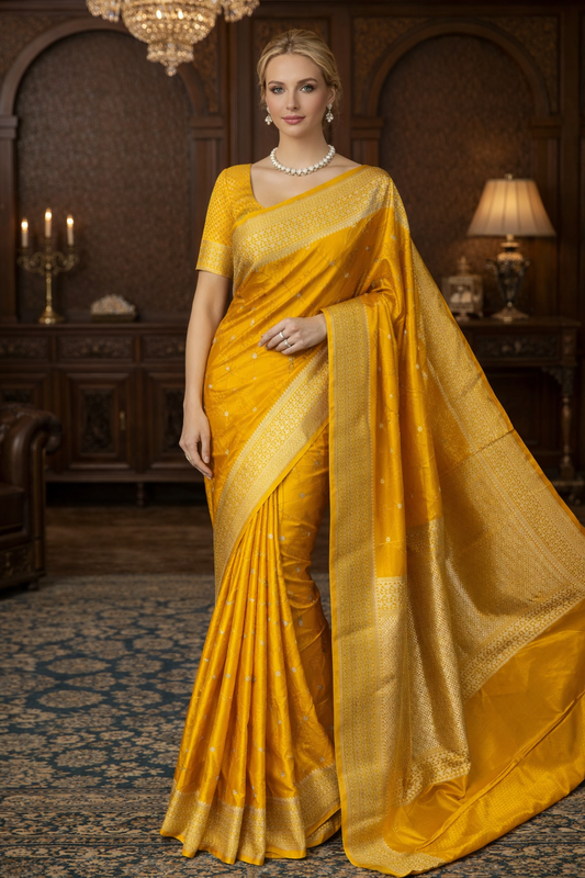 Mustard Yellow Tanchoi Silk Saree Self Weaving With Unstiched Blouse