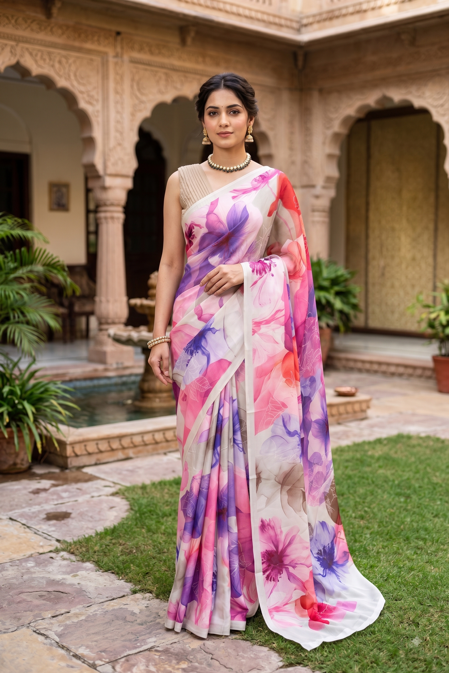 Off-White & Multi Floral Printed Satin Crepe Saree, With Unstiched Blouse