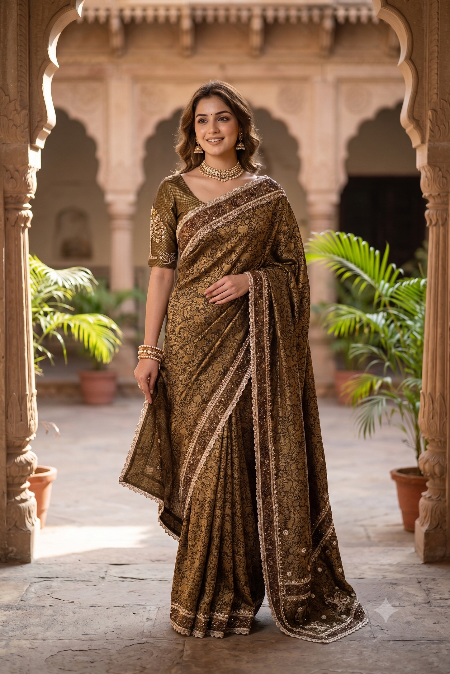 Golden Brown Tissue Kanjeevaram Silk Sarees With Embroidery Work, With Unstiched Blouse