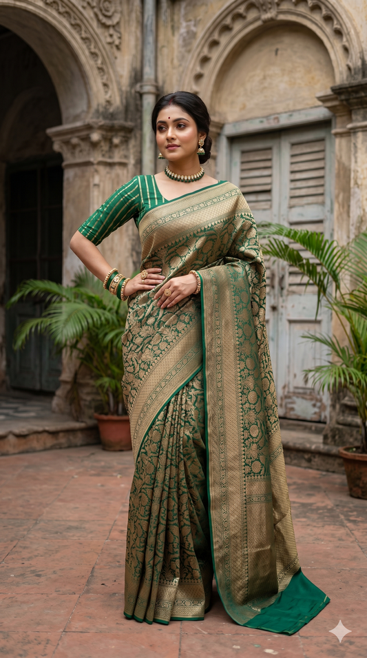 Deep green brocade Kora Banarasi silk saree with intricate gold patterns and matching unstiched blouse, traditional Indian wear by Saarang Sarees.