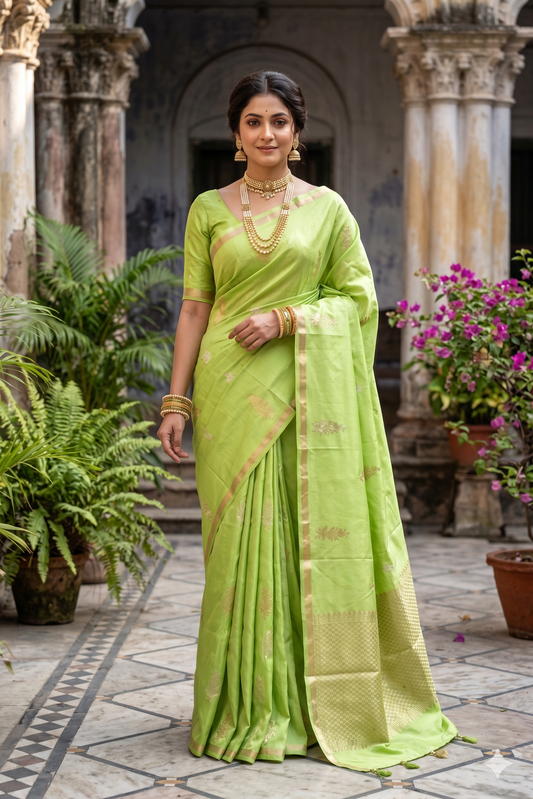Light Green Mashru Silk Banarasi Handloom Saree, With Unstiched Blouse