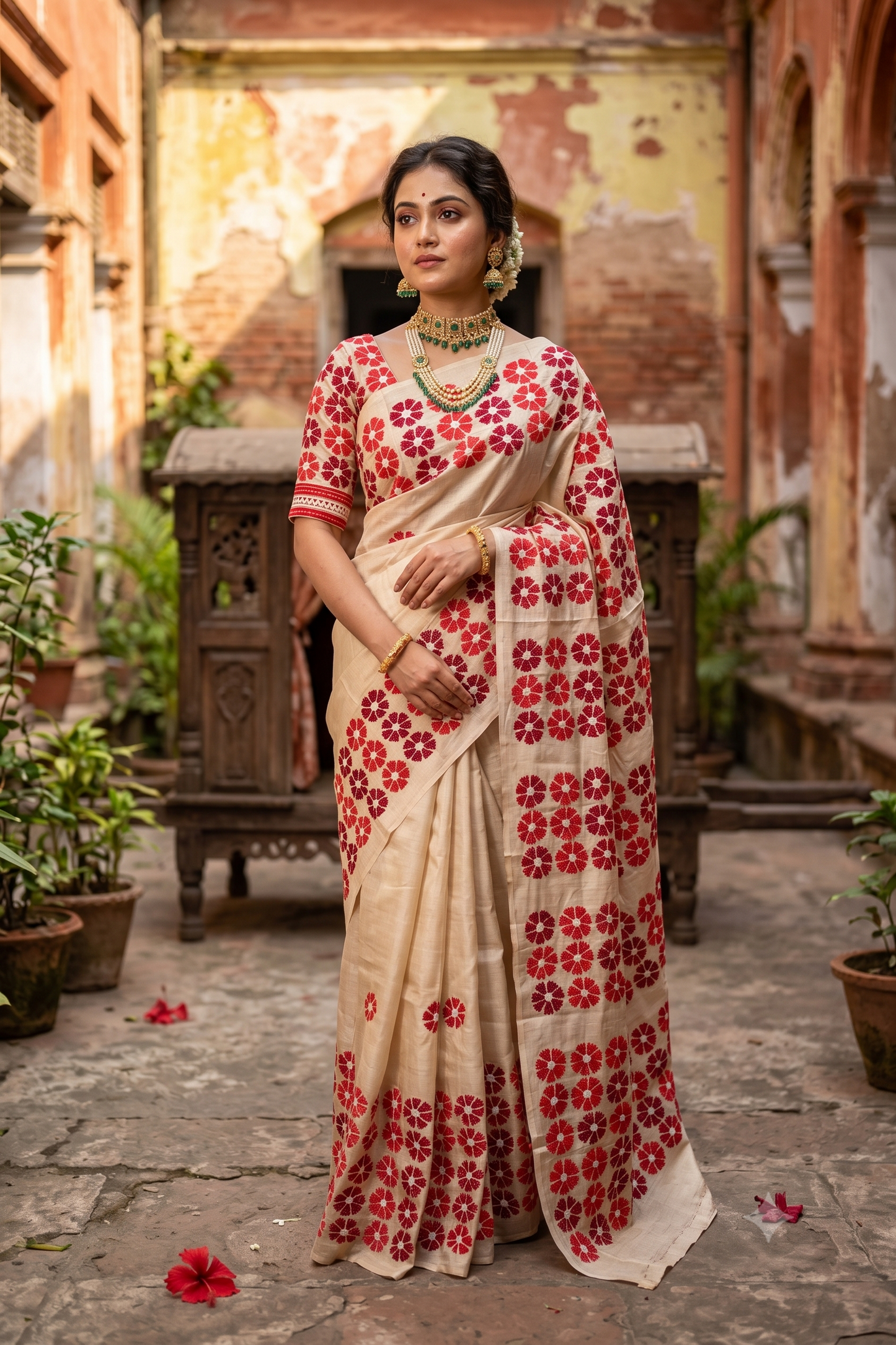 Beige Tussar Embroidery Saree With Kantha Work Border, With Unstitched Blouse