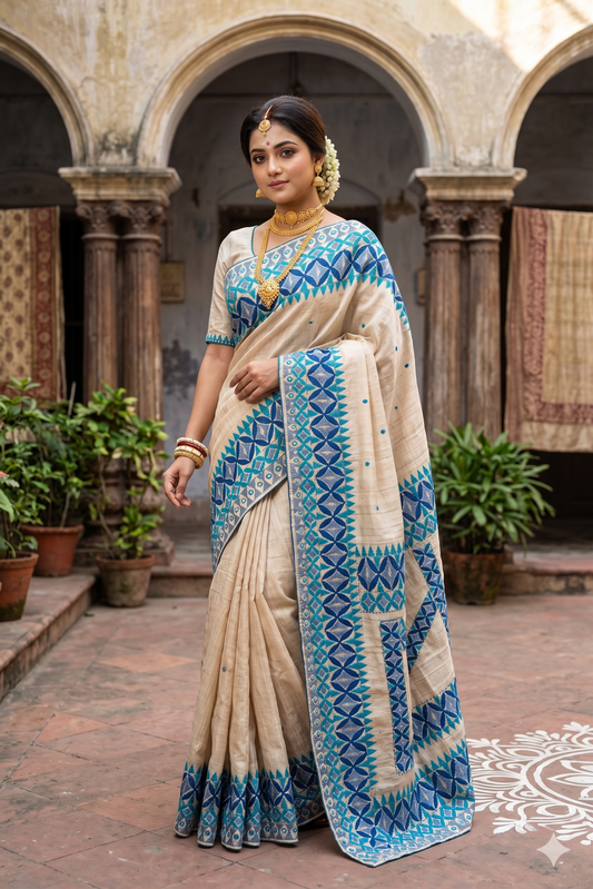 Off-White Tussar Embroidery Saree With Kathiawari Work Border, With Unstitched Blouse