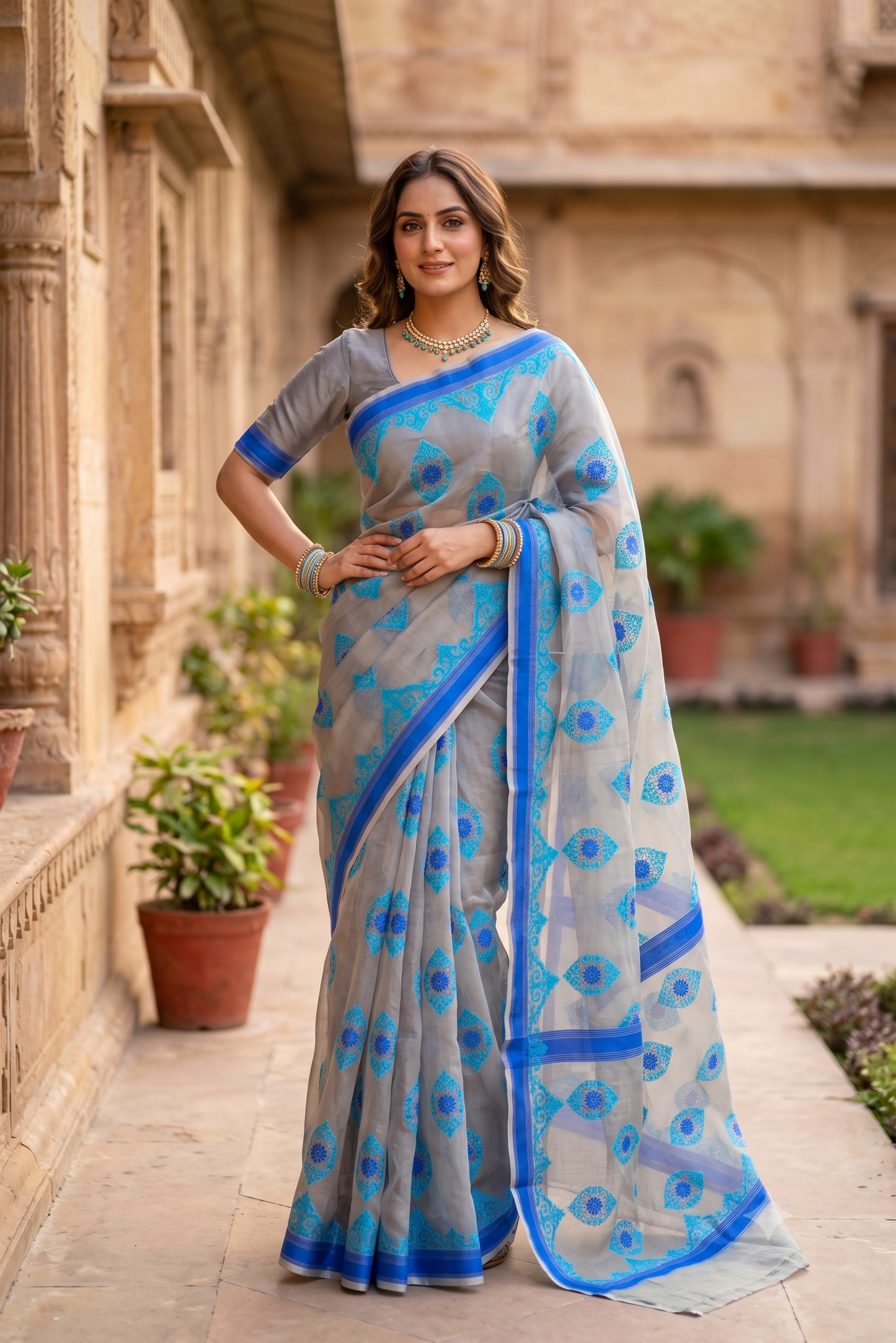 Grey & Blue Muslin Jamdani Saree, With Unstiched Blouse
