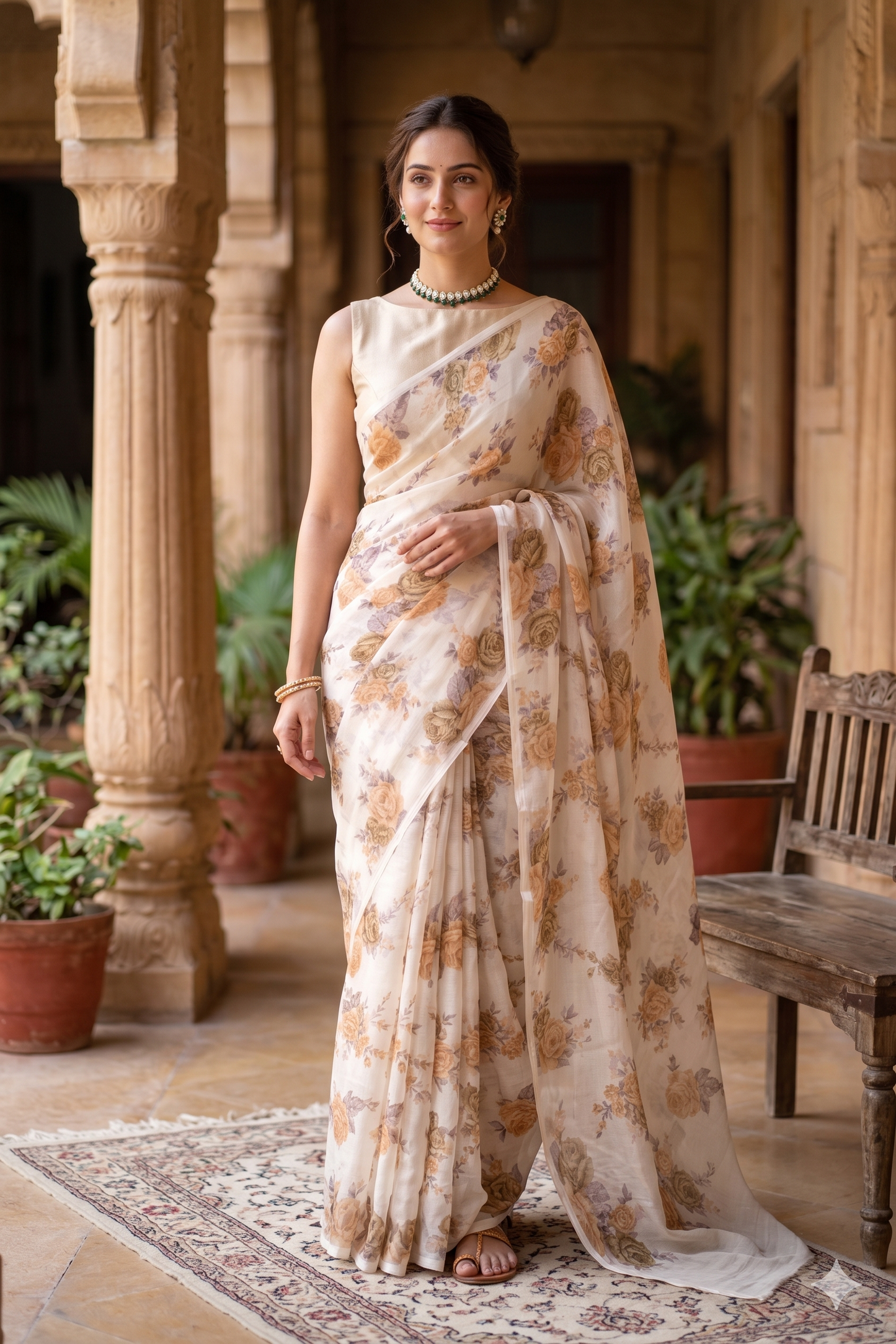 Off-White Brown Floral Printed Chiffon Saree, With Unstiched Blouse Piece