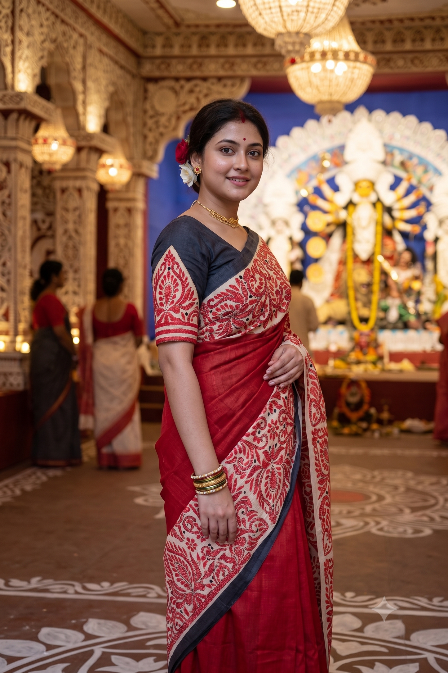 Red Tussar Embroidery Saree With Kantha Work Border, With Unstitched Blouse