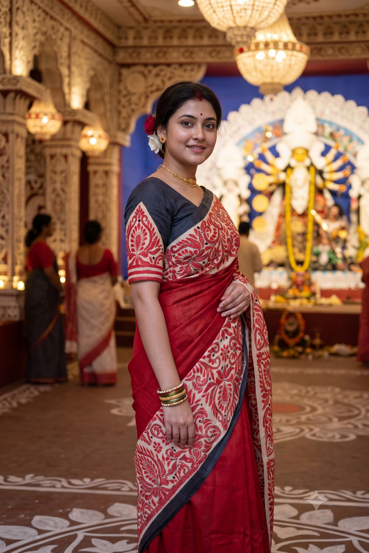 Red Tussar Embroidery Saree With Kantha Work Border, With Unstitched Blouse