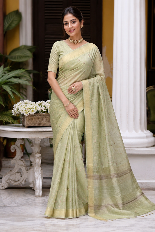 Pista Green Pure Linen Kashmiri Work Saree With Unstiched Blouse