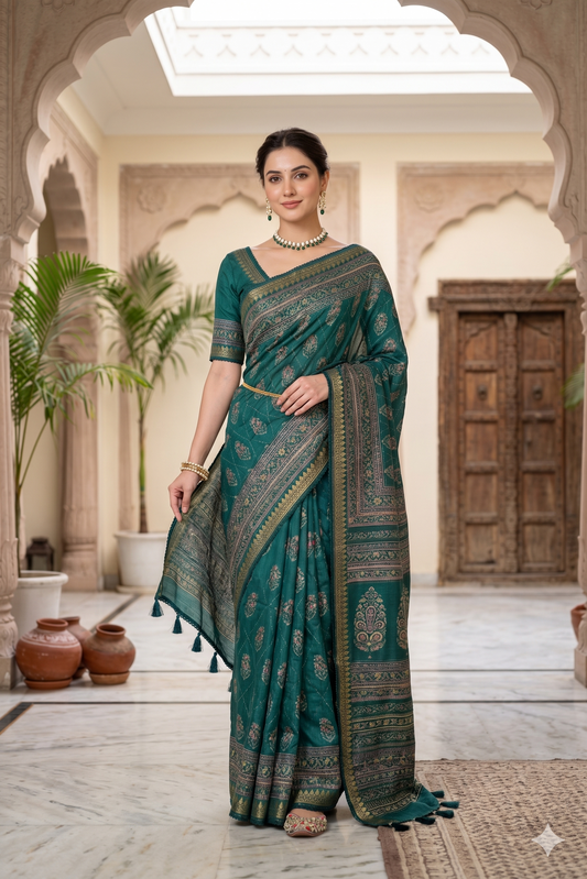 Forest green Munga silk saree with kantha work from Saarang Sarees, featuring a printed design and unstitch blouse for traditional wear.