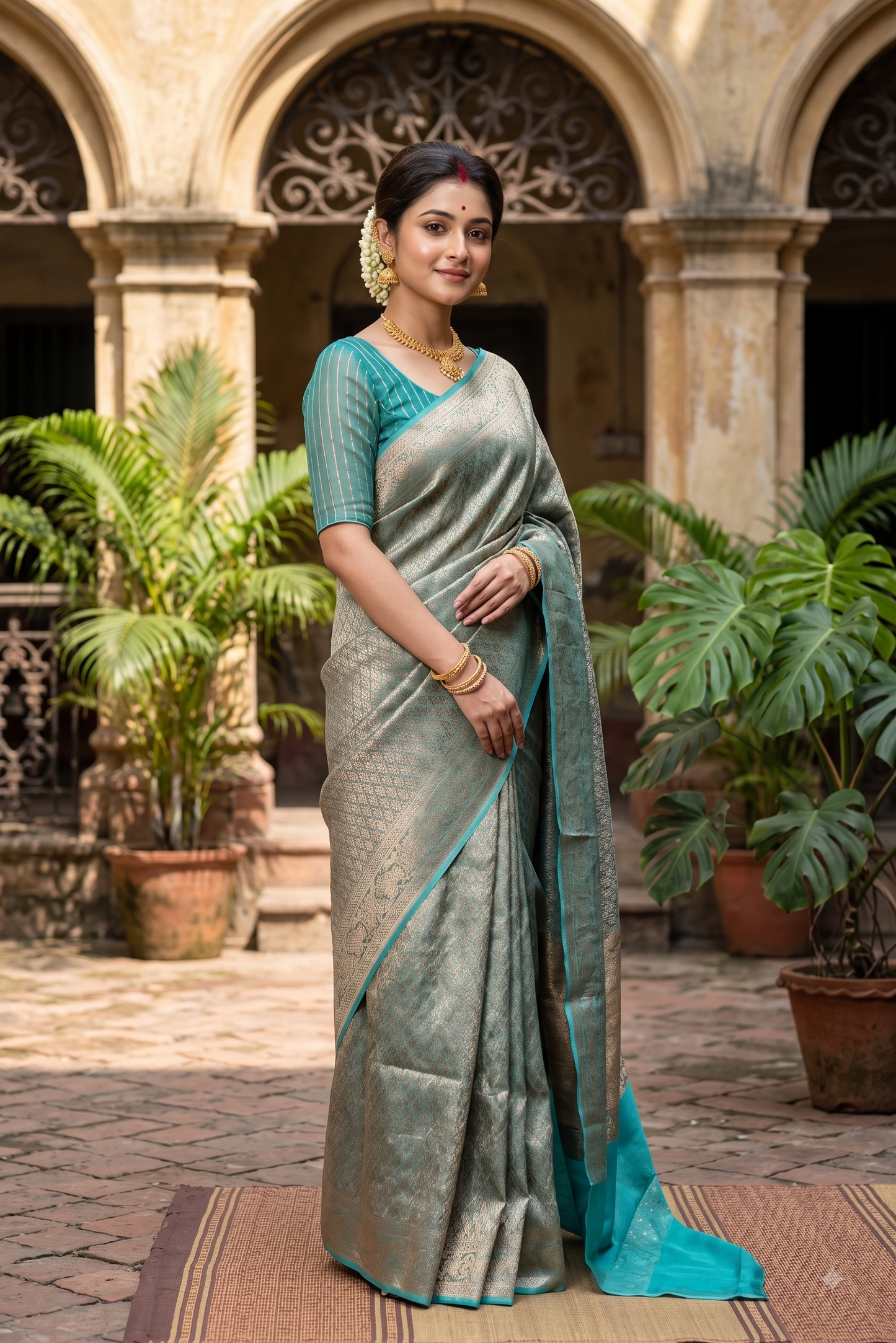 Beige & Blue Brocade Kora Banarasi Silk Saree, With Unstiched Blouse