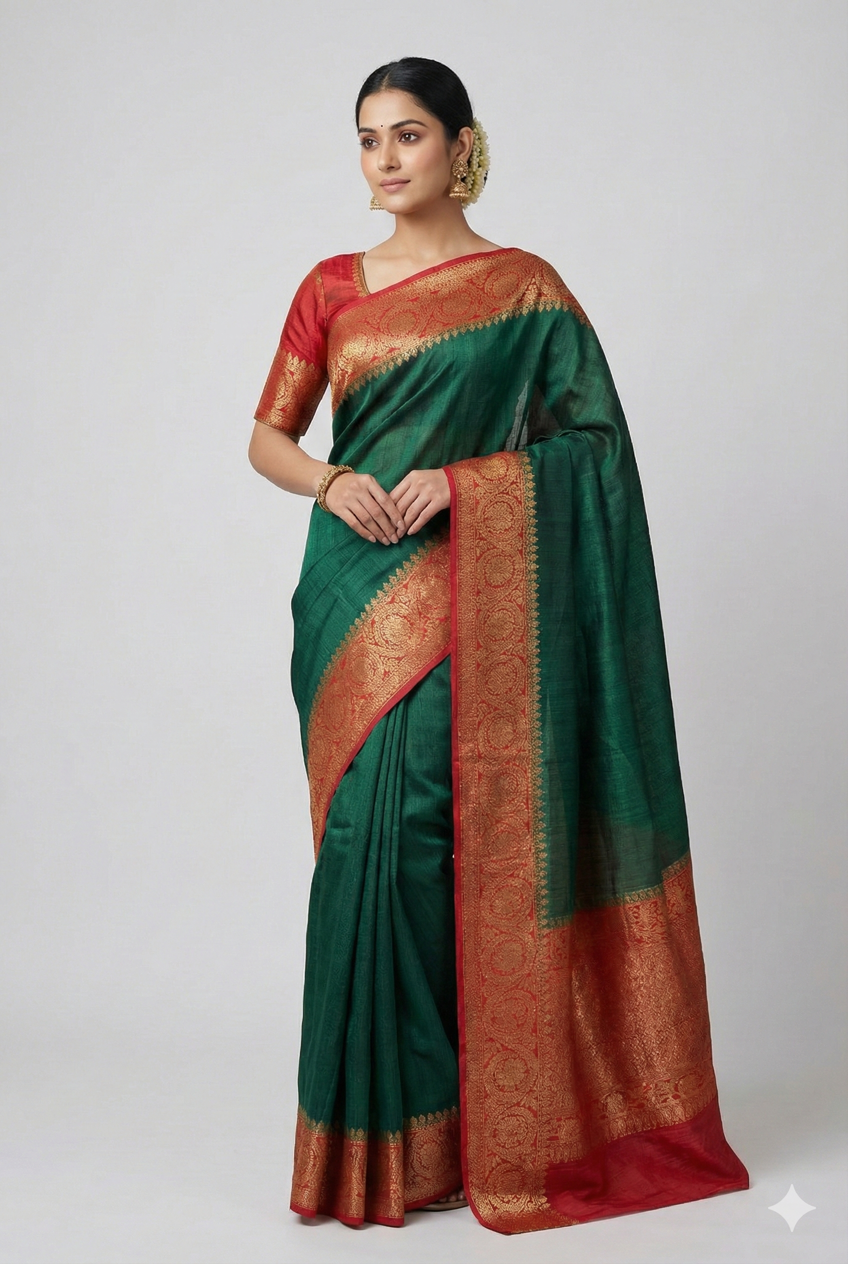 Forest green Tussar Banarasi silk saree with hand-woven motifs and unstiched blouse, traditional wear by Saarang Sarees.