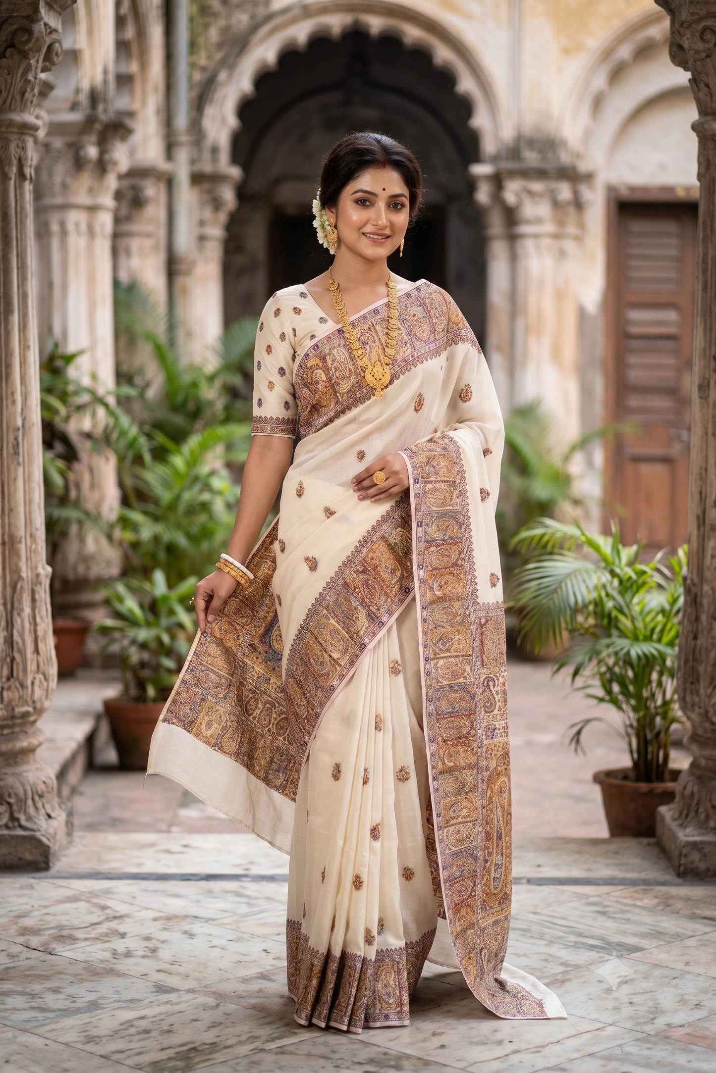 Off-White Pure Kani Handloom Silk Saree With Floral Woven Blouse