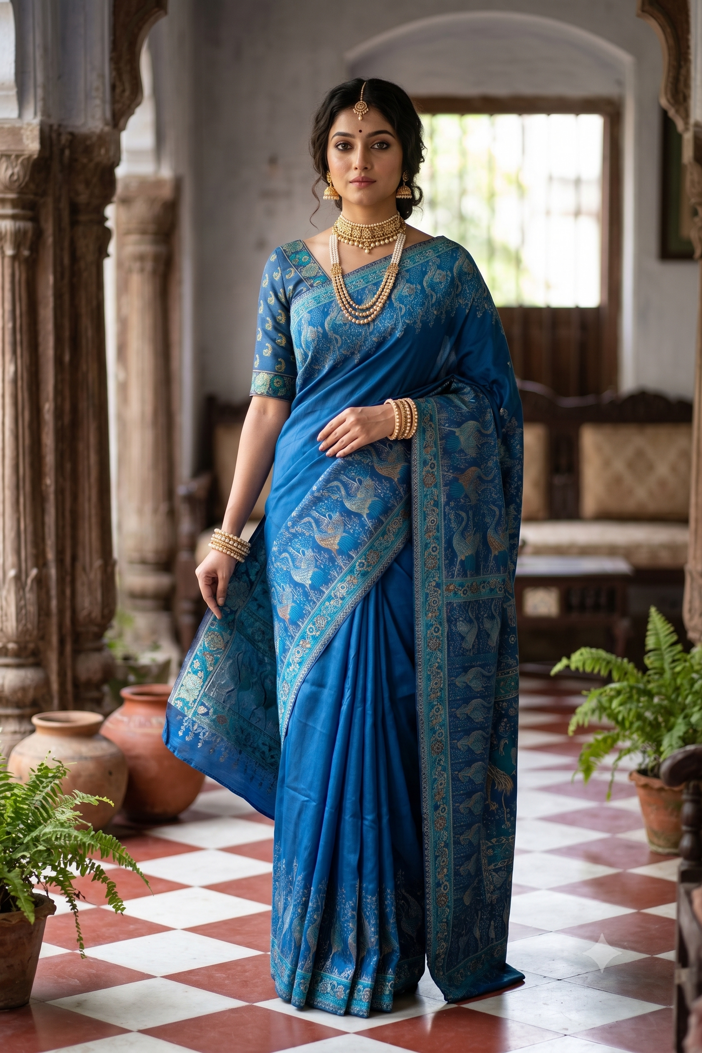 Royal Blue Pure Kani Handloom Silk Saree With Unstiched Jamewar Woven Blouse