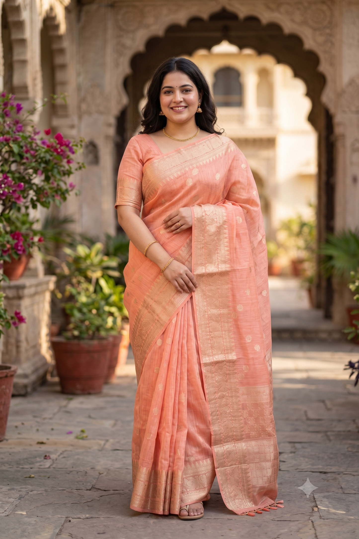 Peach Linen Banarasi Saree With Unstiched Blouse