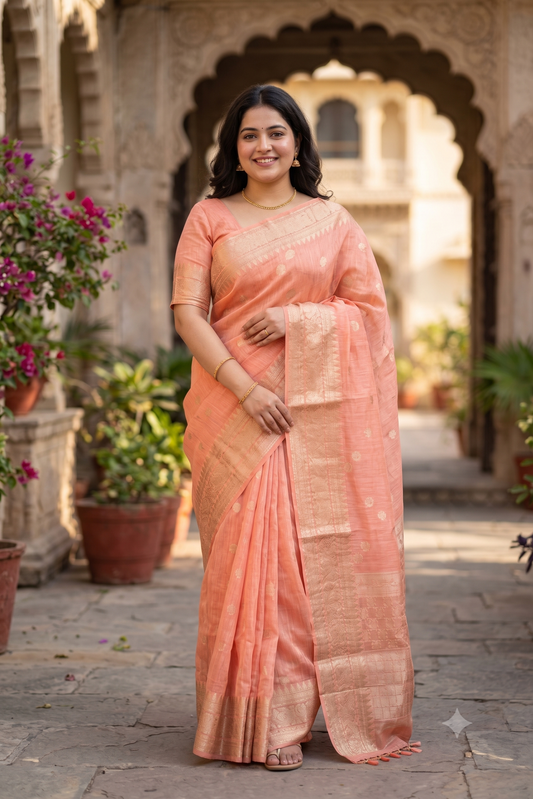 Peach Linen Banarasi Saree With Unstiched Blouse