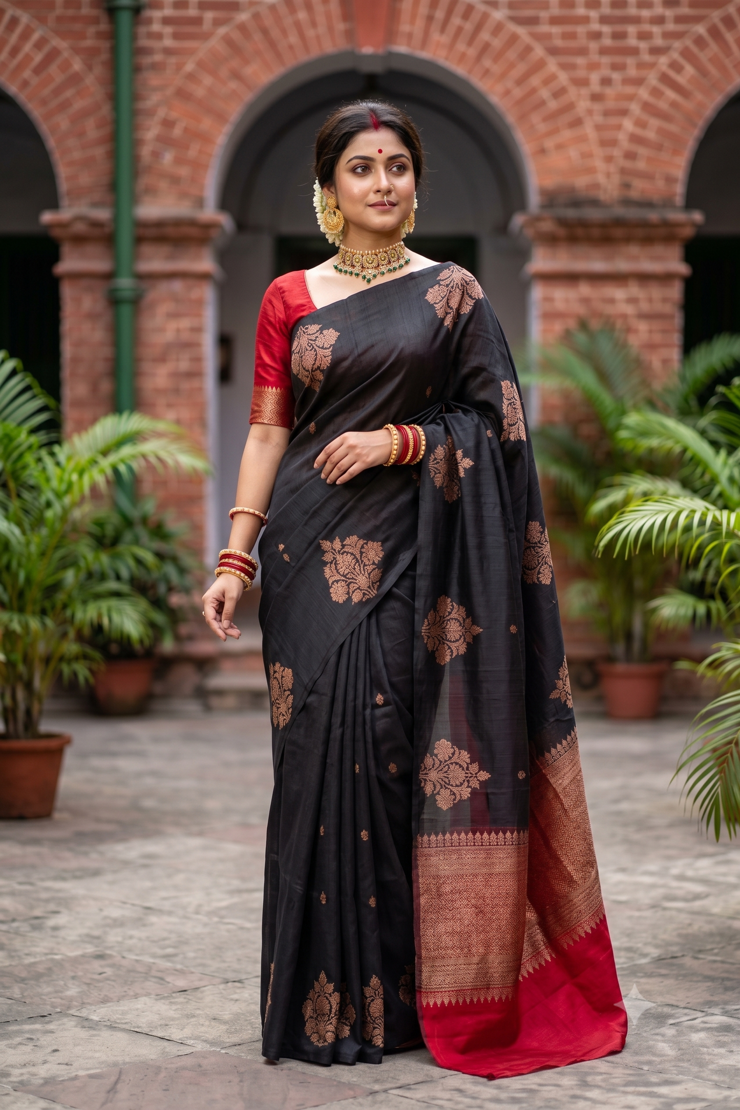 Black Pure Raw Tussar Banarasi Silk Saree, Hand Woven Motifs With Unstiched Blouse